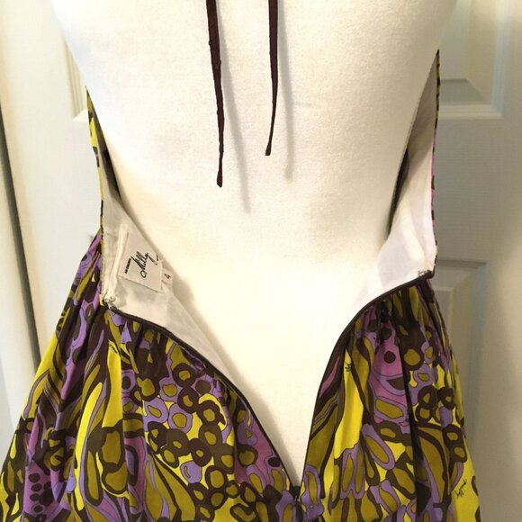 Milly of NY Halter Dress Silk Cotton Abstract Pleated Lined V-neck Women Size 4 - Picture 9 of 16